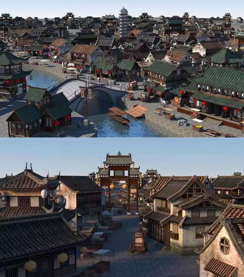 C4D江南古镇3D模型 – 古建筑/古街国风场景（FBX/OBJ/MAX格式+中秋主题）