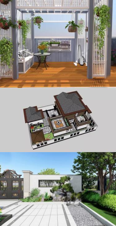 现代别墅SU模型库-自建洋房庭院/屋顶花园/阳台露台景观SketchUp素材下载