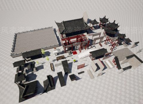 UE5中国风古风建筑模型合集 | 石狮+走廊+地板+树木+庭院组件资产包