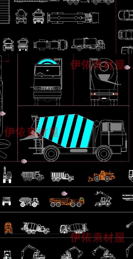 工程车辆CAD设计图库：挖掘机/搅拌车/叉车/卡车等施工机械三维模型与图纸