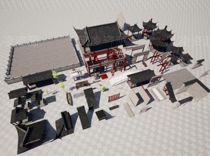 中国风古建筑UE5场景资产包：石狮/走廊/地板/树木等3D模型合集