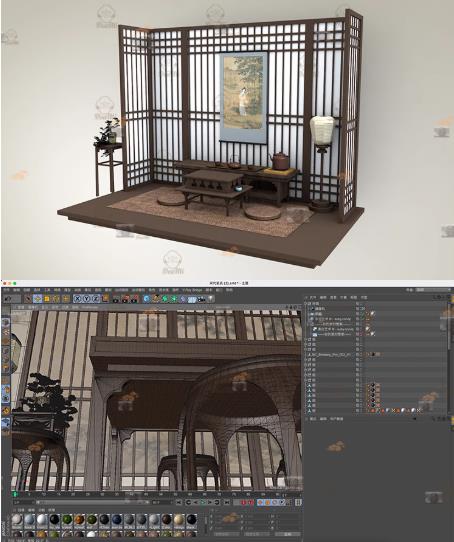 中式古典屏风与宋代书房桌椅SU模型（含6套组合+C4D素材）