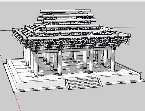 唐代三开间单檐歇山顶华林寺大雄宝殿SU模型，含精细梁架斗拱结构