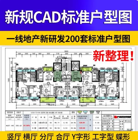 新规标准高层住宅CAD户型图库：200套一线地产研发竖厅/横厅/Y字形/蝶形平面方案素材