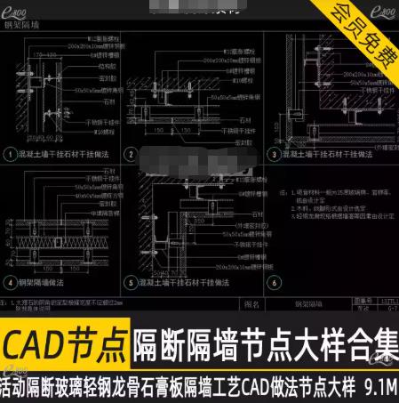 9.1MB面向业主/设计师/施工方：各类隔墙与活动隔断CAD节点图库（轻钢龙骨/玻璃隔断工艺大样）装修必备参考资料