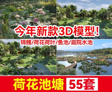 55套公园滨水景观荷花池3D模型：鱼池与庭院水池的3dmax建模思路