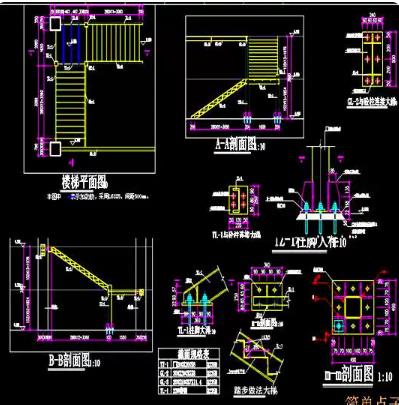 钢结构阁楼楼梯CAD图纸合集：大型钢结构平面+立面+节点施工详图
